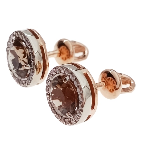 Пусеты из золота 585 пробы с дымчатым кварцем и фианитом