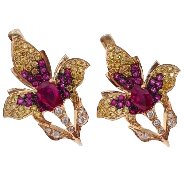 Серьги из золота 750 пробы с бриллиантами, рубином с.