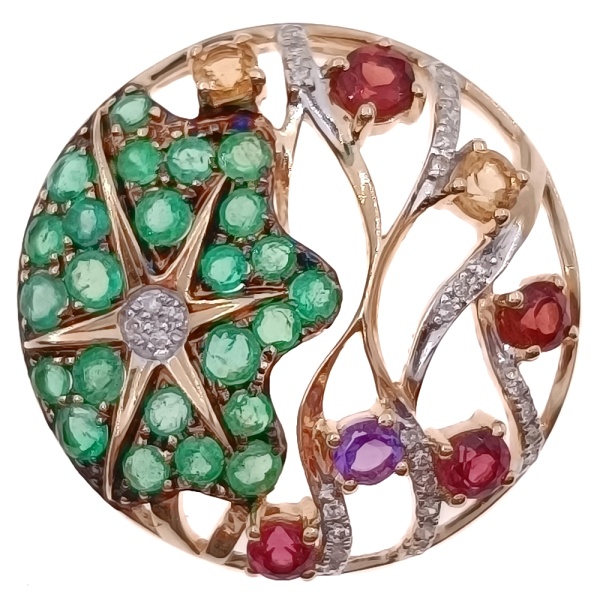 Кулон из золота 585 пробы с бриллиантами, изумрудом и самоцветами