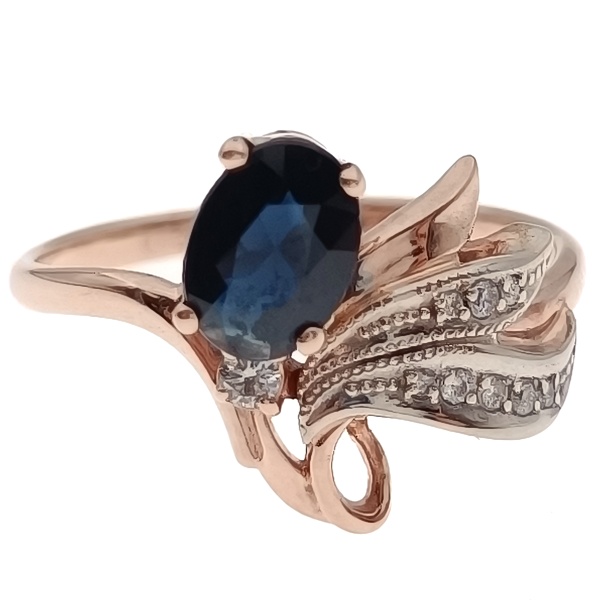 Кольцо из золота 585 пробы с бриллиантами, сапфиром